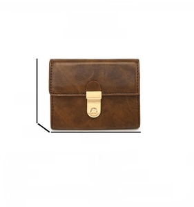 Detailed size specifications of the vintage brown tri-fold PU leather wallet with buckle