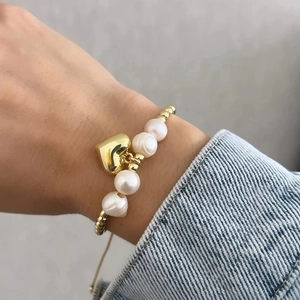 Baroque Natural Freshwater Pearl Heart Bracelet 18K Gold Plated Brass Beads Adjustable Woven Drawstring For Women