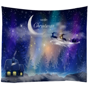Christmas tapestry featuring a moonlit night scene with Santa sleigh and pine forest cabin