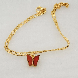 Elegant 18K gold-plated stainless steel Figaro anklet with glossy wine red butterfly pendant