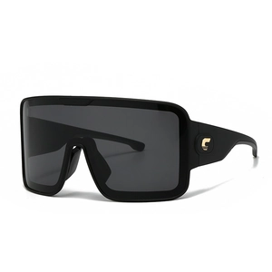 Oversized matte black shield sunglasses with gold star accent and dark grey lenses