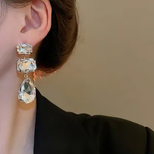 Elegant silver tassel earrings featuring square and waterdrop crystal pendants for women