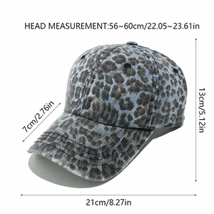 Detailed size chart of leopard print baseball cap with head circumference and brim measurements