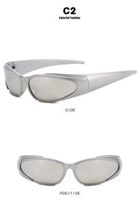 Front and side view of silver Y2K wraparound sunglasses with futuristic cyber design