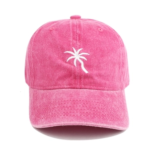 Rose pink washed denim baseball cap with white embroidered palm tree for outdoor sun protection