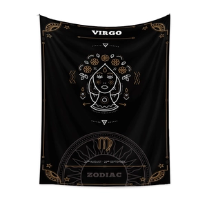 Detail of Virgo zodiac wall tapestry with gold and white constellations on black fabric