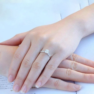 Classic silver six-prong ring with a round moissanite stone worn on a finger