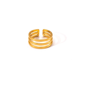 Detail of a triple-layered gold plating titanium steel adjustable open ring with sleek lines