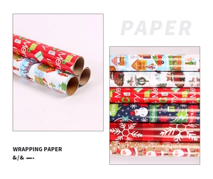 Detail of assorted 80g glossy Christmas wrapping paper rolls with festive holiday patterns
