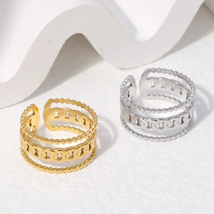 Adjustable Open Chain Ring Stainless Steel Hollow Triple Layer Bead Border Geometric Minimalist Jewelry For Women