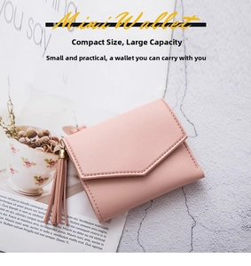 Detailed close-up of pink mini leather wallet with elegant fringe tassel decoration