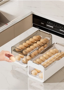 Double-layer rolling egg organizer with food-grade clear lid for fridge storage