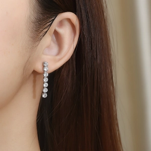 Sparkling silver titanium steel linear earrings with long tassel clear diamond zircon stones