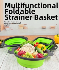 Close-up of collapsible green silicone kitchen colanders in round and square shapes