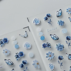 3D embossed blue floral and butterfly nail art stickers with elegant dance text design