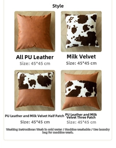 Detail view of cow print and PU leather cushion covers with material specifications