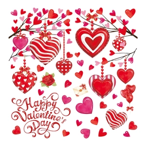 Happy Valentine's Day stickers with red heart patterns and rose vine window decorations