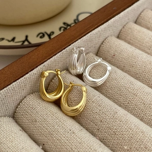 925 Sterling Silver U-Shape Hoop Earrings Ribbed Chunky Geometric Minimalist Elegant Jewelry For Women Fashion Gift