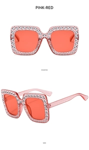 Pink glitter square sunglasses with red lenses and crystal rhinestones from two views