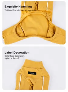 Detail of yellow dog pajamas showing precise edge piping and branded collar label