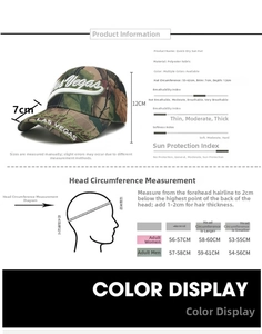 Detailed size chart showing cap circumference and peak dimensions for camouflage baseball hats