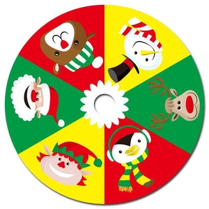 Round Christmas tree skirt featuring Santa, Snowman, and Reindeer with festive red and green trim