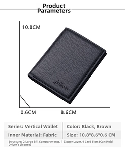Detailed dimensions of slim black men's wallet with multiple card slots and zipper pocket