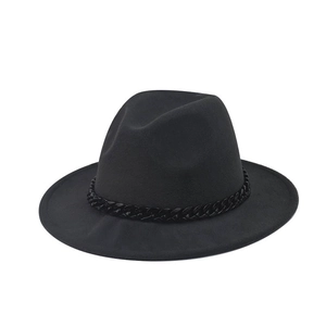 Detail of black wool fedora hat featuring a chunky black acrylic chain decoration