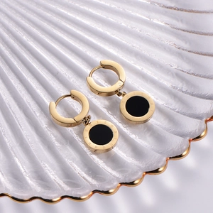 Elegant 18k gold plated hoop earrings with black round pendant and Roman numerals
