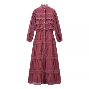 Elegant dark red long sleeve dress with lace patchwork and stand collar design