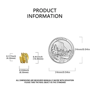 Detailed size chart of golden feather bead charm with measurements and coin for scale