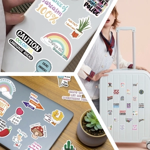 Waterproof sarcastic slogan stickers set shown on laptop, phone case and suitcase