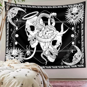 Close-up of gothic tapestry featuring moon phases, skull and serpent art for wall decor