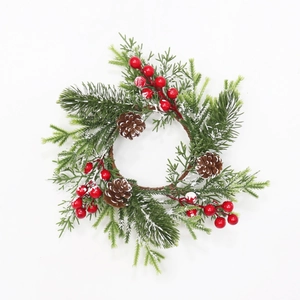 Frosted Christmas Candle Ring Wreath With Pine Needles Red Berries And Pine Cones For Table Centerpiece Holiday Decor
