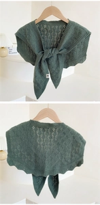 Detail of green hollow knit shawl showing intricate diamond patterns and front knot