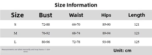 Size chart for strapless ruffle dress showing bust, waist, hips, and length in centimeters