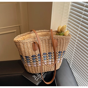 Detail of straw tote bag featuring blue woven textures and brown PU leather straps