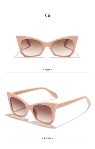 Vista frontale e laterale di occhiali da sole cat eye rosa con lenti sfumate marroni