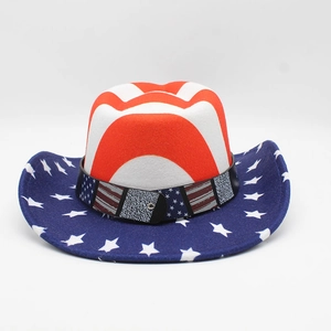 Detailed close-up of American flag cowboy hat with star pattern brim and studded band