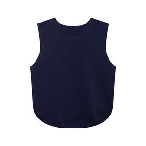 Rear view of deep blue knitted vest showing round neckline and curved hem detail