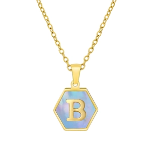 18K gold stainless steel necklace with hexagonal iridescent blue shell letter B pendant