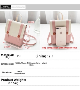 Dimensions and material details of a pink and white small PU leather backpack