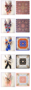 Close-up of five satin silk neckerchiefs with baroque chain and bohemian patterns