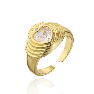 Vintage 18K gold plated copper ring with heart-shaped zircon and adjustable open band