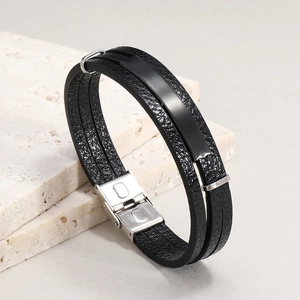 Men's multi-layer black braided leather bracelet with stainless steel magnetic buckle