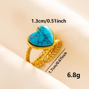 Adjustable 304 stainless steel ring with blue turquoise heart and twisted band details