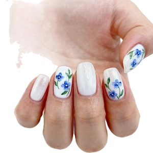 24pcs fresh blue floral press-on nails with white base and iridescent glitter finish