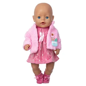Pink plush jacket and polka dot dress set for 18-inch baby dolls and girl dolls