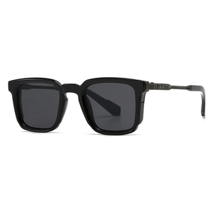 Classic black square frame sunglasses for men with decorative metal stripes and grey lenses