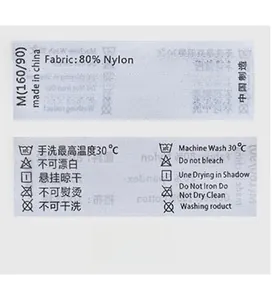 Étiquette d'entretien détaillée montrant la taille M et les instructions de lavage